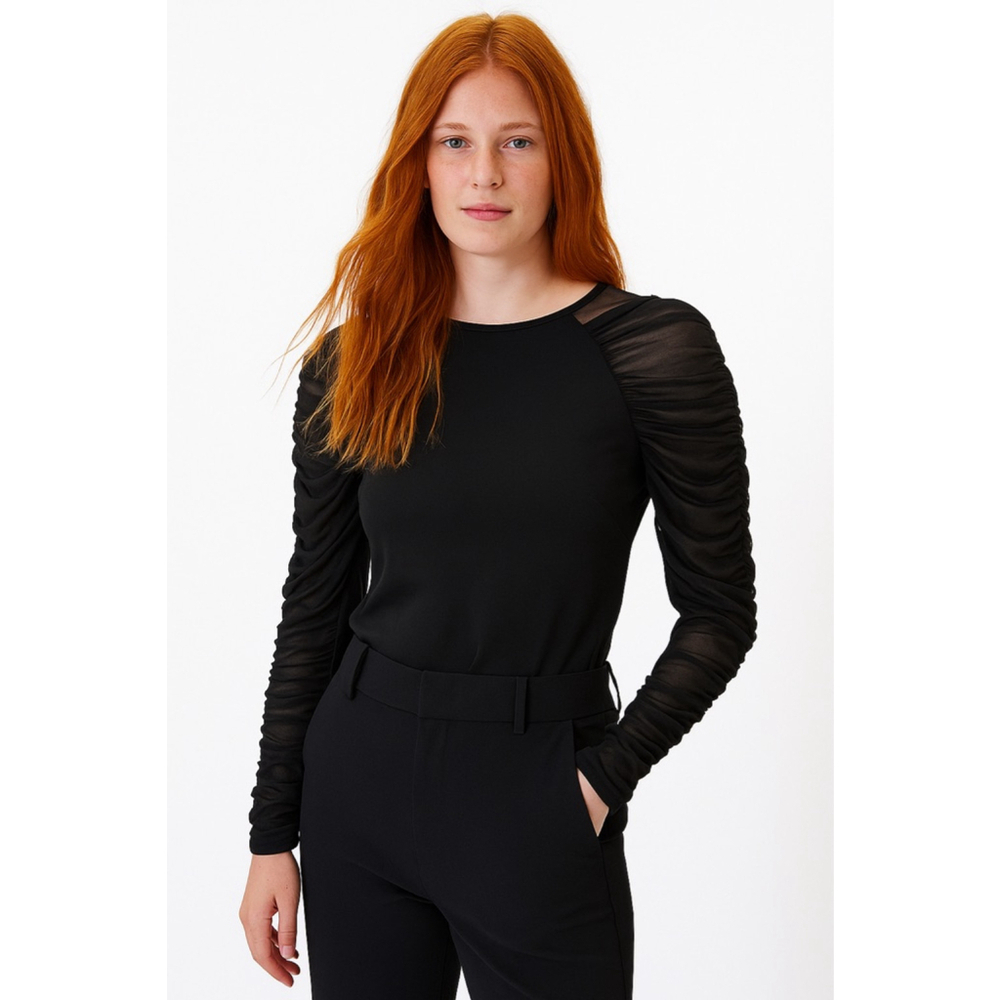 Venus Black Long Sleeve Ruched Mesh Top XS